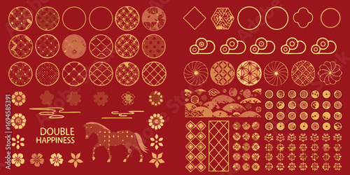 Collection of traditional chinese decorative elements and symbols in gold and red