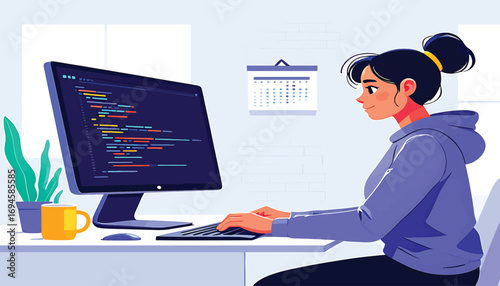Female Programmer Coding At A Desk With A Computer And Calendar