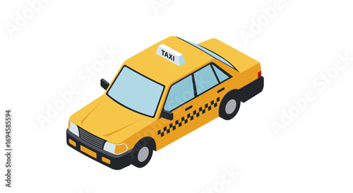 Isometric yellow taxi cab with checkered details on white background