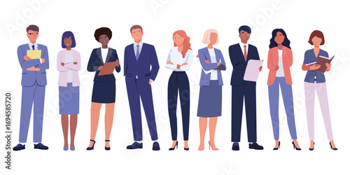 Diverse group of professionals standing together in business attire with a white background