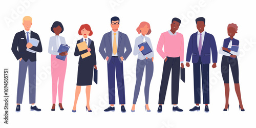 Diverse group of business professionals standing together in smart casual attire holding documents and folders