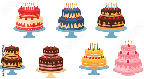 Colorful birthday cake collection with candles and toppings on stands