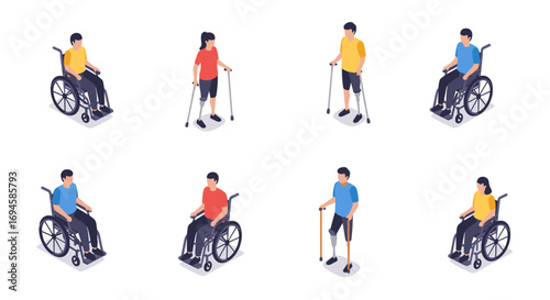 Isometric people with disabilities in wheelchairs and using walking aids on white background