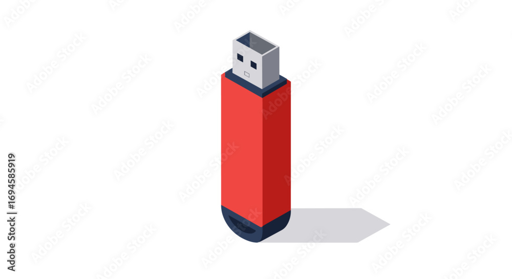 Obraz premium Isometric red usb flash drive with shadow on white background