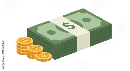 Isometric stack of banknotes and coins on white background