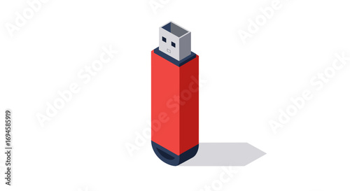 Isometric red usb flash drive with shadow on white background