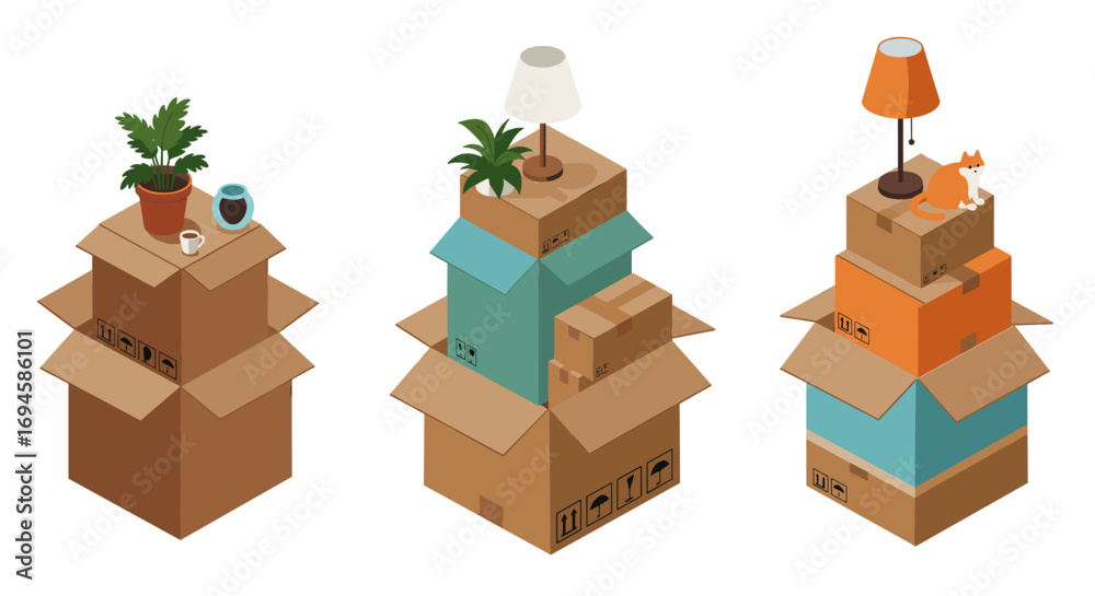 Fototapeta premium Isometric cardboard boxes with decor and plants