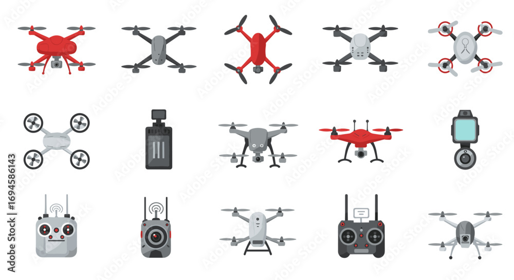 Fototapeta premium Diverse collection of modern drone designs and accessories in flat style