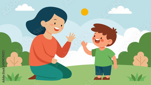 Caring Parent A parent with a hearing impairment playing with their child in a park using sign language to communicate joyfully surrounded by laughter and fun.