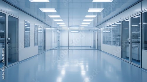 Wallpaper Mural A clean, modern laboratory corridor with glass doors and a blue tint. Torontodigital.ca