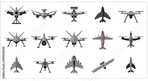 Flat style drone and military aircraft illustrations collection