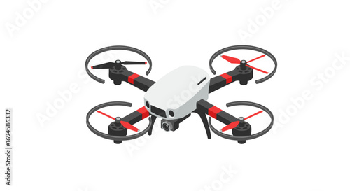 Isometric drone design with camera and propellers on white background