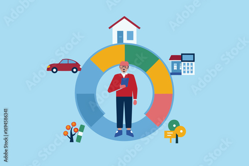 Man in a circular diagram representing financial planning and asset allocation with icons of houses car and money