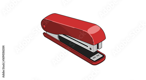 Red desk stapler in perspective view with modern design