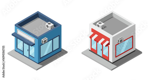 Isometric small shops: blue and red buildings with air conditioning