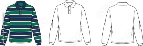 Striped long sleeve polo shirt flat sketch, casual menswear design, button collar, striped pattern, fashion apparel template, front and back views, clothing illustration