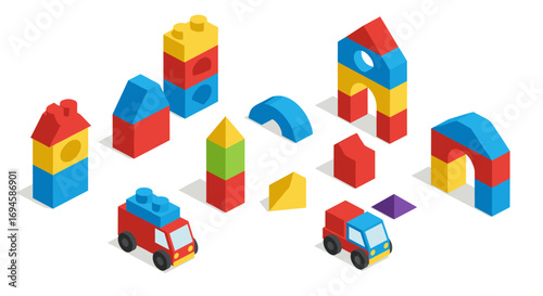 Colorful isometric toy blocks and cars for kids' creative play