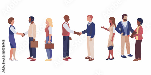 Diverse group of business professionals shaking hands and interacting in a modern flat illustration style