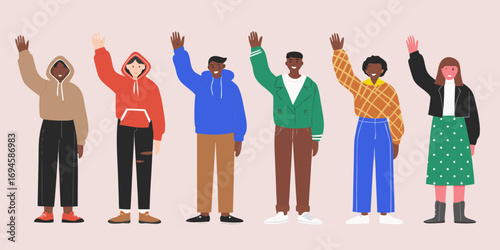 Diverse group of young people waving hello and showing unity and friendship