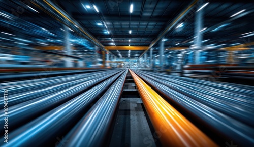 Industrial interior view of moving metal tubes