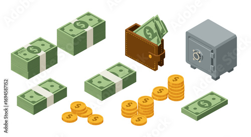 Isometric money and safe set: cash, wallet, coins, and security elements