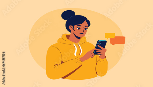 Young woman using smartphone for communication and messaging