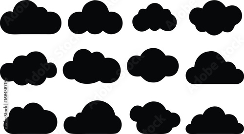 Black Silhouette Cloud Shapes on a White Background in Varied Designs and Forms