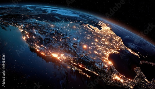 North America at night, seen from space.  City lights illuminate the continent