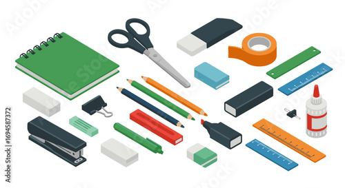 Isometric office supplies collection on white background