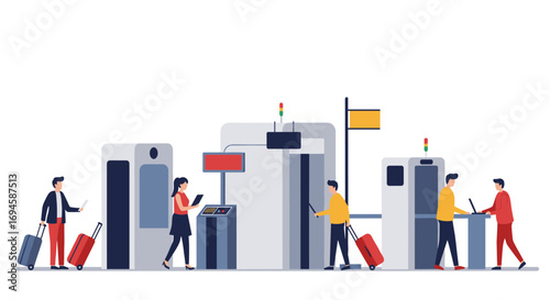 Modern airport security screening with passengers and luggage