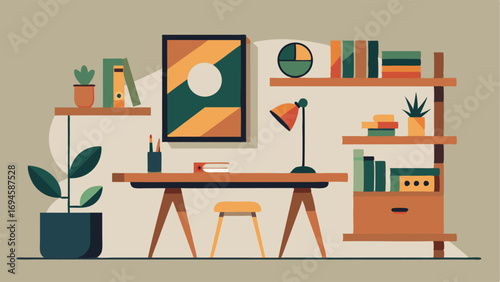 A home office with a minimalist desk and shelves made from reclaimed wood paired with a statement artwork featuring a modern abstract design.
