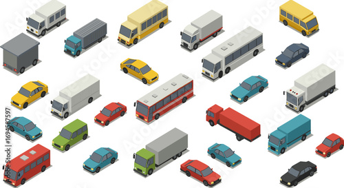 Isometric vehicles collection: cars, buses, and trucks in flat design