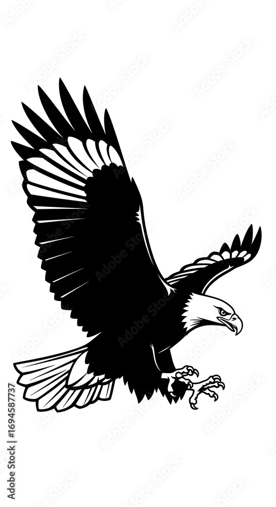 Fototapeta premium Soaring Eagle Illustration Black and White Isolated on White Background