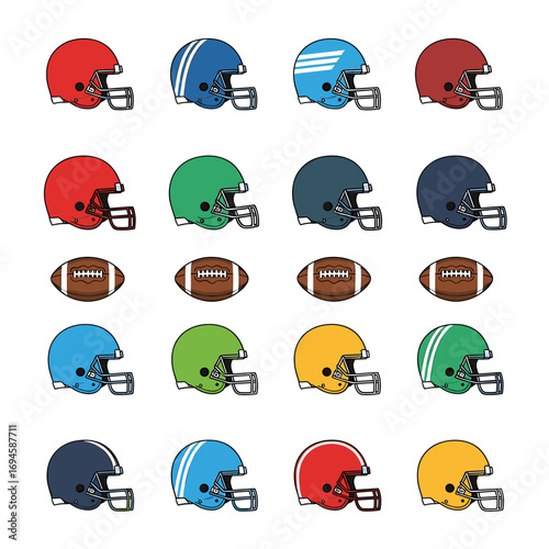 Grid of colorful football helmets and footballs, arranged in a pattern on a white background.