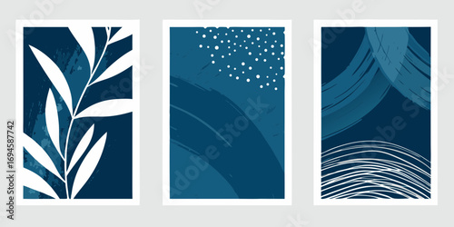 Abstract minimalist set of three vertical wall art prints with blue and white botanical and geometric designs