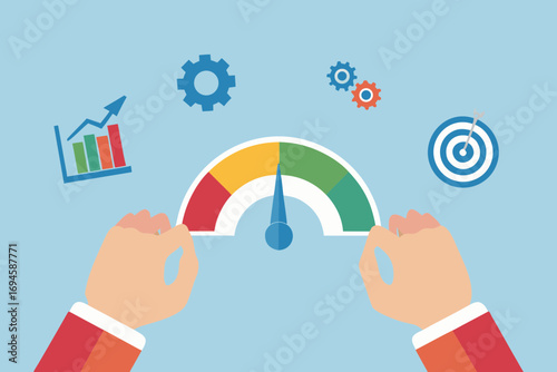 Hands adjusting a performance meter with business growth chart gears and target icons on a blue background
