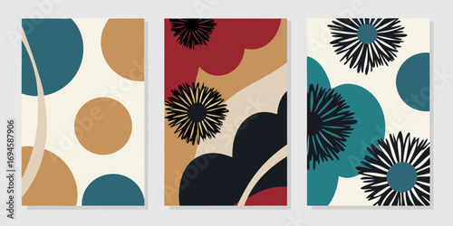 Abstract mid century modern floral and geometric shapes composition in earth tones