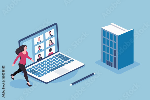 Woman running towards a laptop displaying a video conference with colleagues and a distant office building