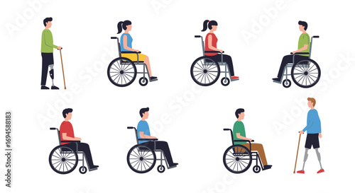 Diverse people with disabilities: wheelchairs and prosthetics in modern style