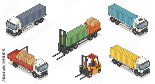 Isometric cargo transportation trucks and forklift set for logistics design