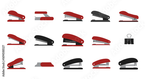 Red and black staplers and binder clip icons on white background