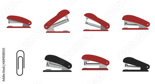 Stapler icon set: flat and isometric designs with paper clip