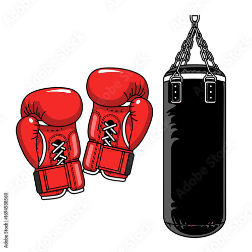 Pair of red boxing gloves and a black punching bag.