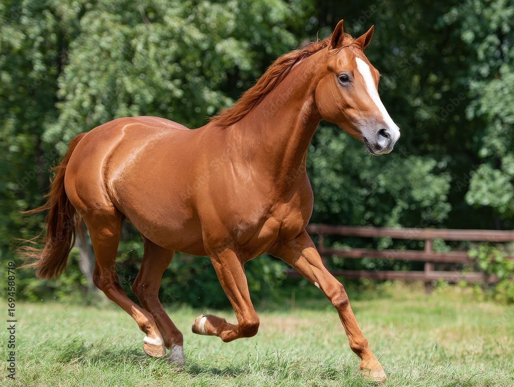 Obraz premium Chestnut Horse Galloping in a Sunny Green Pasture