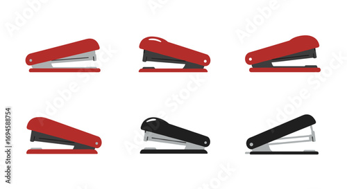 Minimalist stapler icons set featuring red and black designs on white background