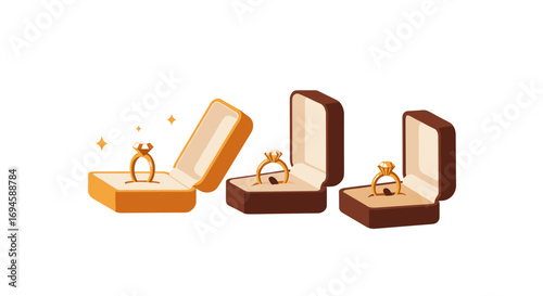 Elegant diamond rings in open jewelry boxes on white background