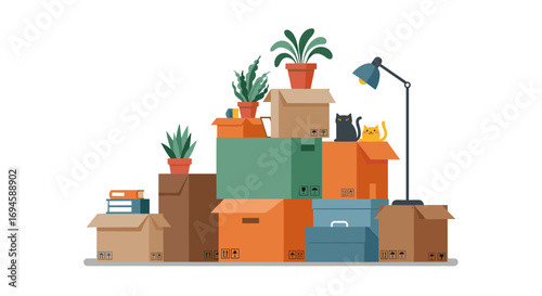 Relocation essentials: moving boxes and plants in a cozy home setting