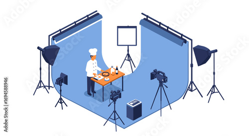 Chef preparing meal in professional photo studio with cameras and lighting equipment in isometric style