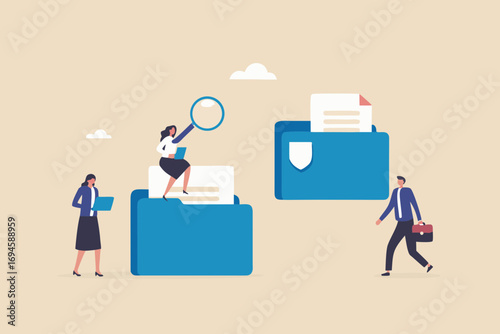 Business people analyzing documents and folders with magnifying glass and laptops for data management and organization
