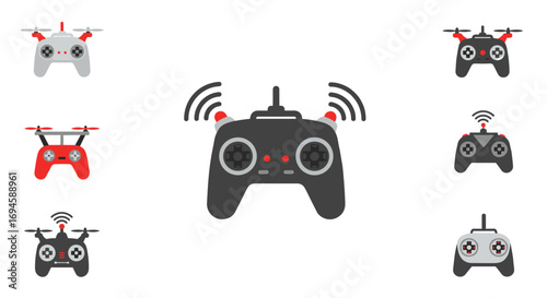 Flat drone controller icon set with wireless remote designs in red and gray